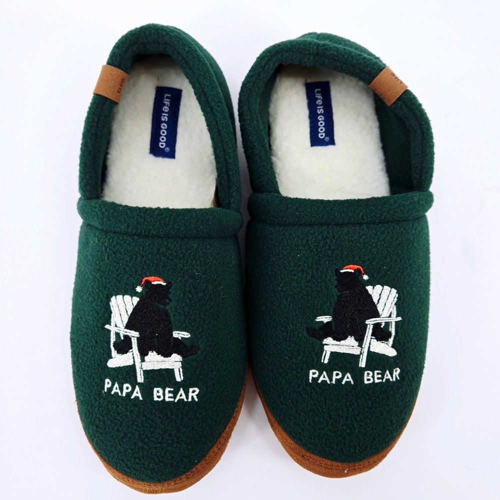 Life is Good Papa Bear Mens Slippers Forest Green Fleece Cabin Shoes Size 10
